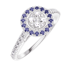 « L'Atelier » Nº211439 - Ring Witgoud 18 karaat - Cluster van natuurlijke diamantent rond gelijkwaardig 0.5 - Halo Blauwe saffier - Setting Diamant