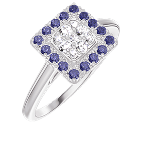 « L'Atelier » Nº211483 - Anillo Oro blanco 18 quilates - Conjunto de diamantes naturales Princesa equivalente 0.5 - Halo Zafiro azul