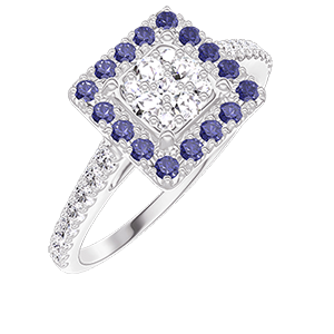 « L'Atelier » Nº211487 - Bague Or blanc 18 carats - Cluster de diamants naturels Princesse équivalent 0.5 - Halo Saphir bleu - Sertissage Diamant