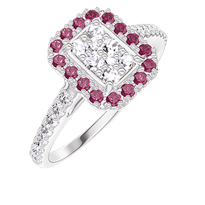 « L'Atelier » Nº211519 - Ring White gold 18 carats - Cluster of natural diamonds Baguette equivalent 0.5 - Halo Ruby - Setting Diamond white