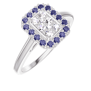 « L'Atelier » Nº211531 - Ring White gold 18 carats - Cluster of natural diamonds Baguette equivalent 0.5 - Halo Blue Sapphire