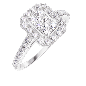 Ring « l’Atelier » 211503 White gold 18 carats - Cluster of natural diamonds Baguette equivalent 0.5 - Halo Diamond white - Setting Diamond white