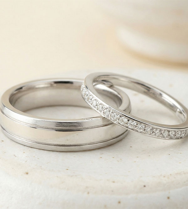 Duo Trauringe Horizon & Éclat de diamants – Weißgold & Diamanten – 9-karätiges Gold (375/1000)