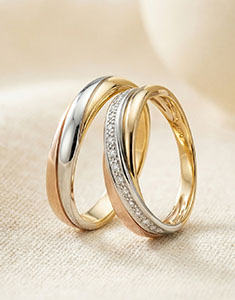 Saturne Duo Wedding Rings – Three Golds & Diamonds – 18 Carat
