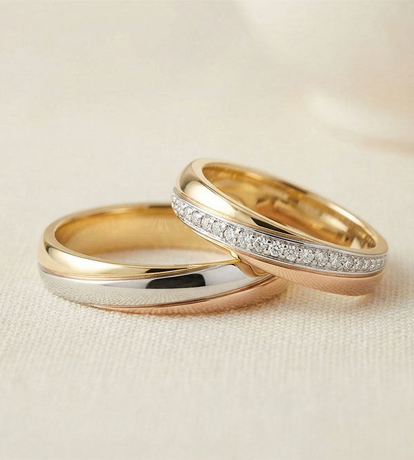 Saturne Duo Wedding Bands – Three Golds & Diamonds – 18 Carat