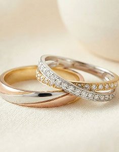 Saturne Duo Wedding Rings – Three Golds & Yellow and White Gold with Diamonds – 9 Carat