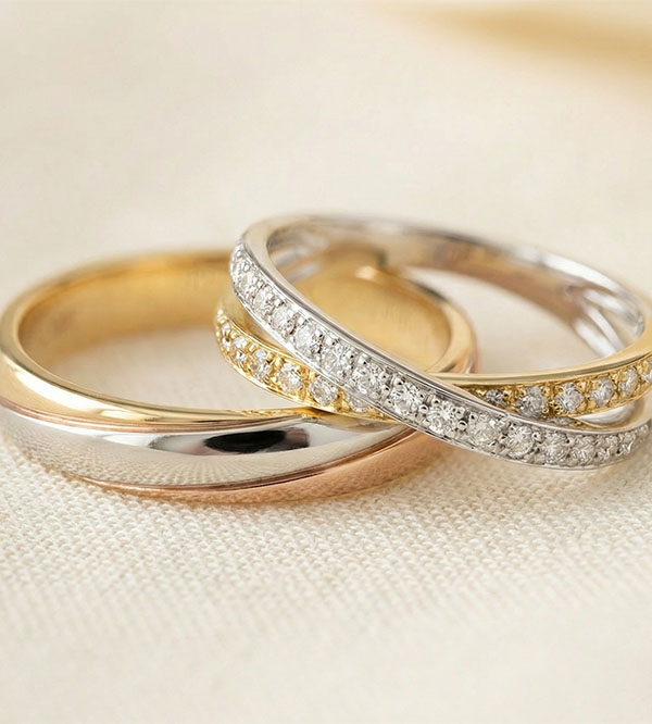 Saturne Wedding Ring Duo – Three Golds & Yellow and White Gold with Diamonds – 18 Carat