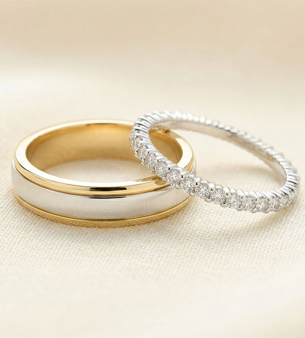 Duo d'alliances Horizon & Radieuse- or jaune et or blanc & or blanc et diamants