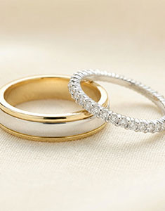 Duo aus Eheringen Horizon & Radieuse – Gelbgold und Weißgold & Weißgold mit Diamanten – 9-karätiges Gold (375/1000)