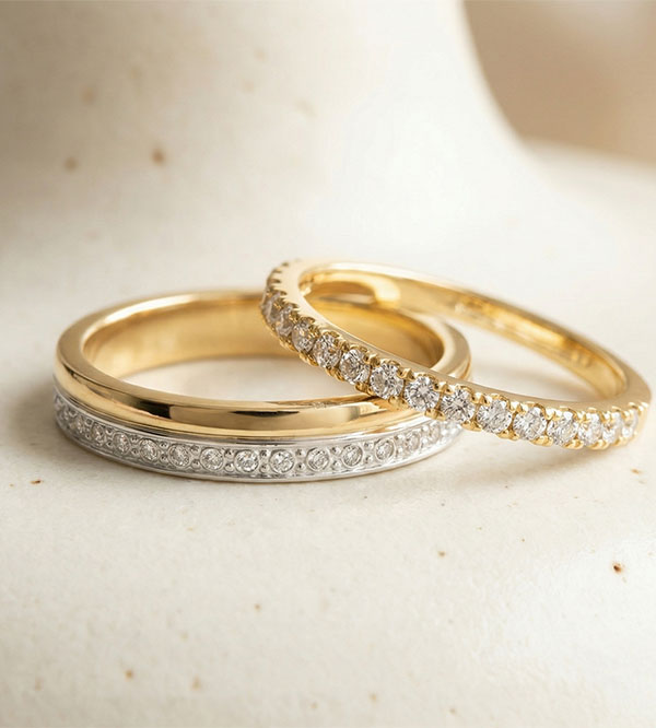 Elegance & Bettina Wedding Ring Duo – White and Yellow Gold & Yellow Gold with Diamonds – 18 Carat