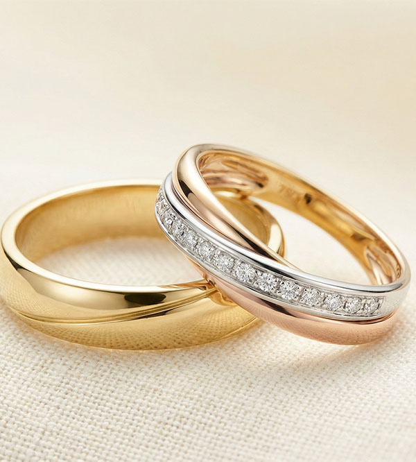 Saturne duo trouwringen – Geelgoud & driemaal goud met diamanten – 18 karaat