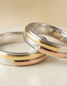 Duo di fedi nuziali Titan – Tre ori – 18 carati