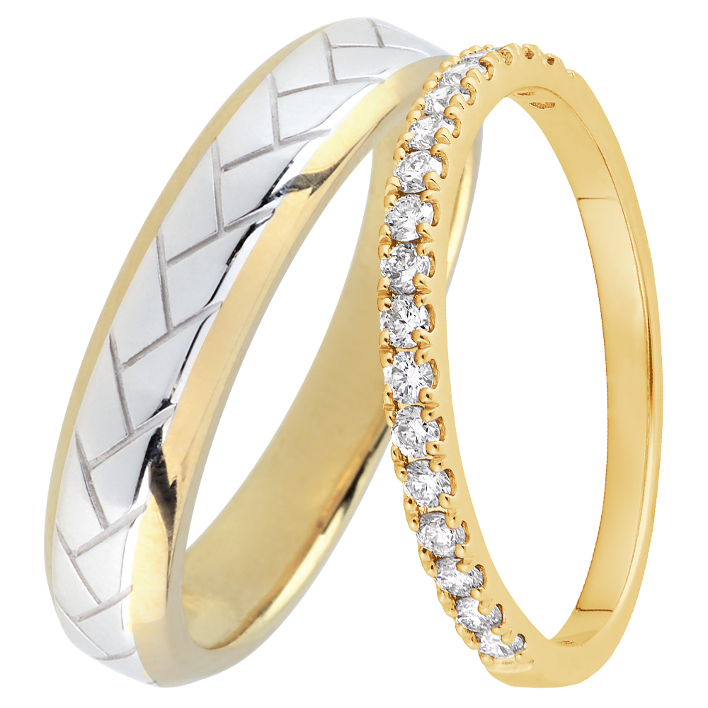 Dúo de alianzas Tissage & Bettina – Oro blanco y amarillo, y oro amarillo con diamantes – 18 quilates
