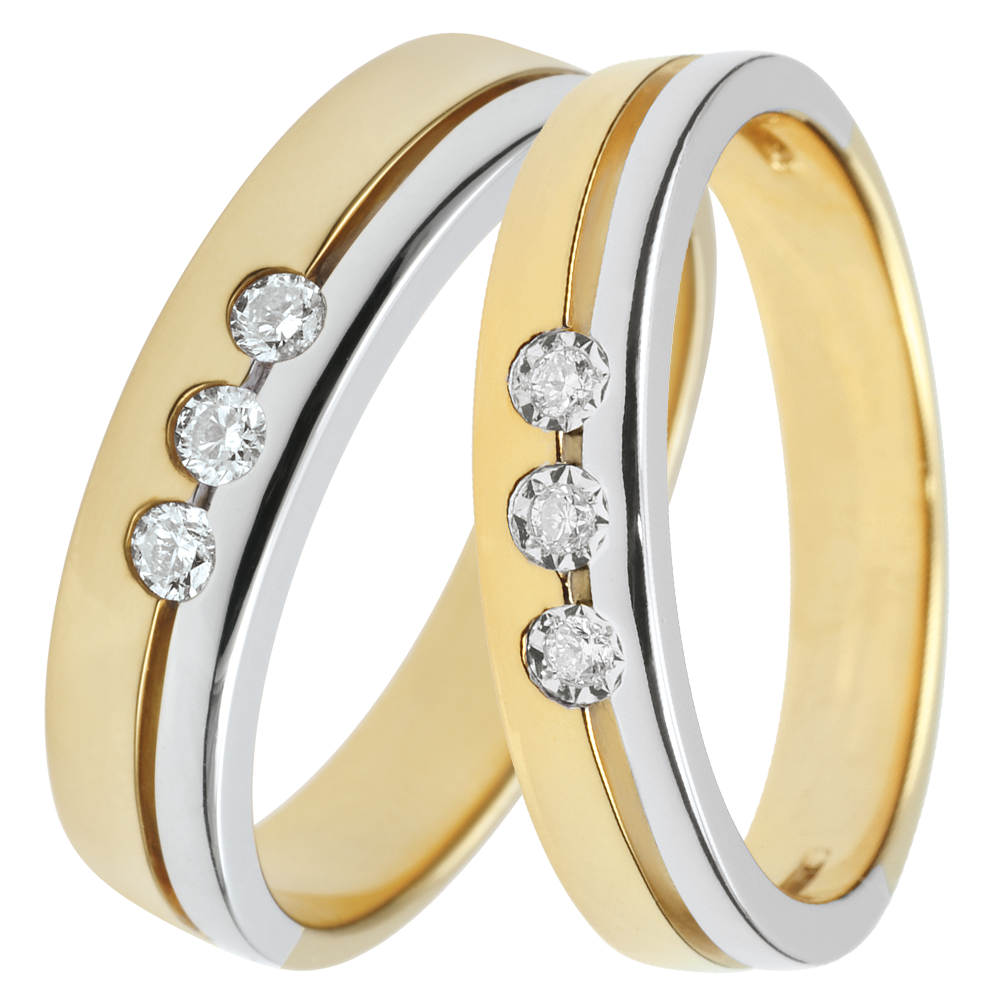 Duo di fedi nuziali Olympia – Oro giallo, oro bianco & diamanti – 9 carati