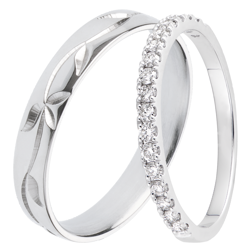 Duo Trauringe Jardin Enchanté & Bettina – Weißgold & Diamanten – 18-karätig