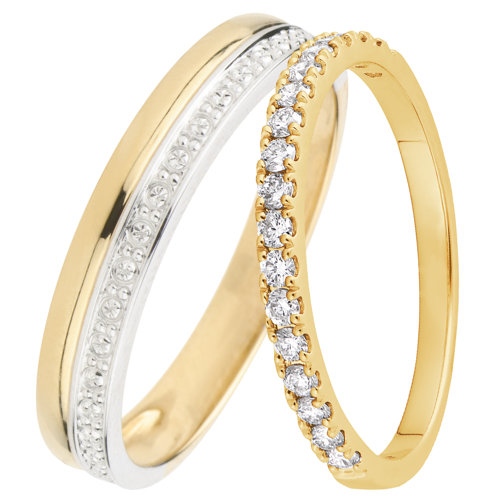 Elegance & Bettina Wedding Ring Duo – White and Yellow Gold & Yellow Gold with Diamonds – 18 Carat