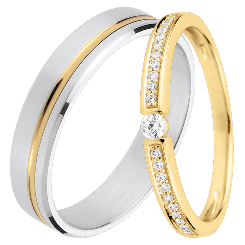 Coppia di fedi Emmanuel & Ultima – Oro bianco e giallo & oro giallo e diamanti – 18 carati