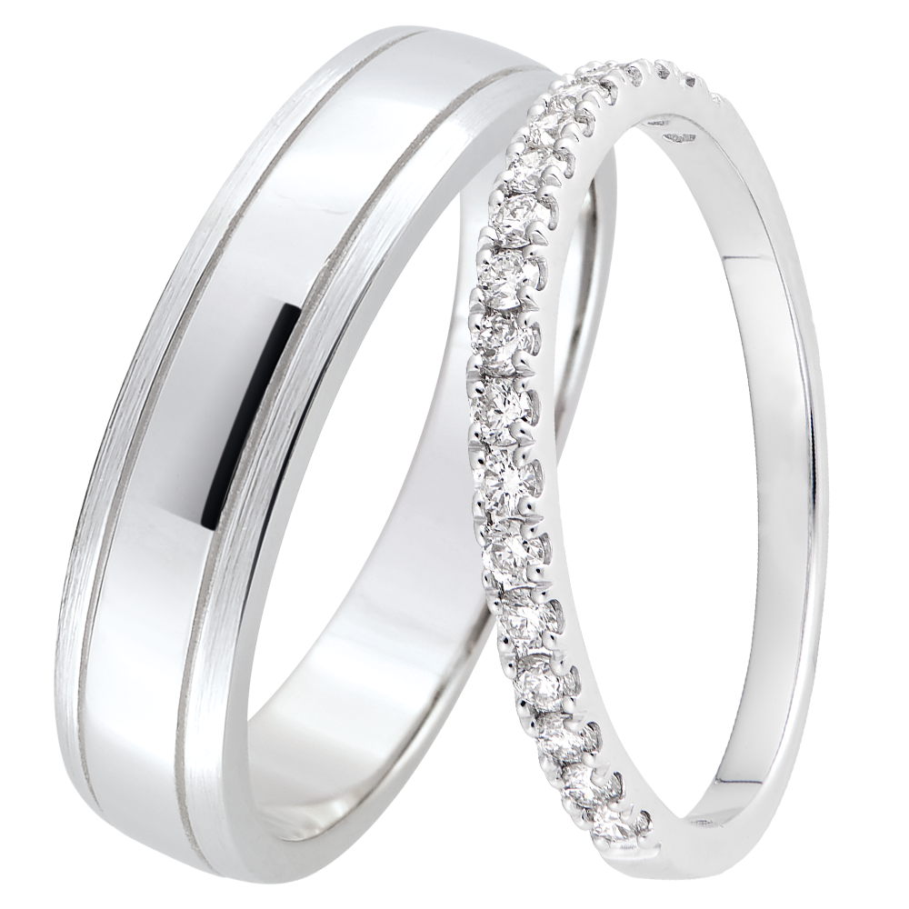 Duo-Trauringe Horizon & Bettina – Weißgold & Diamanten – 9-karätiges Gold