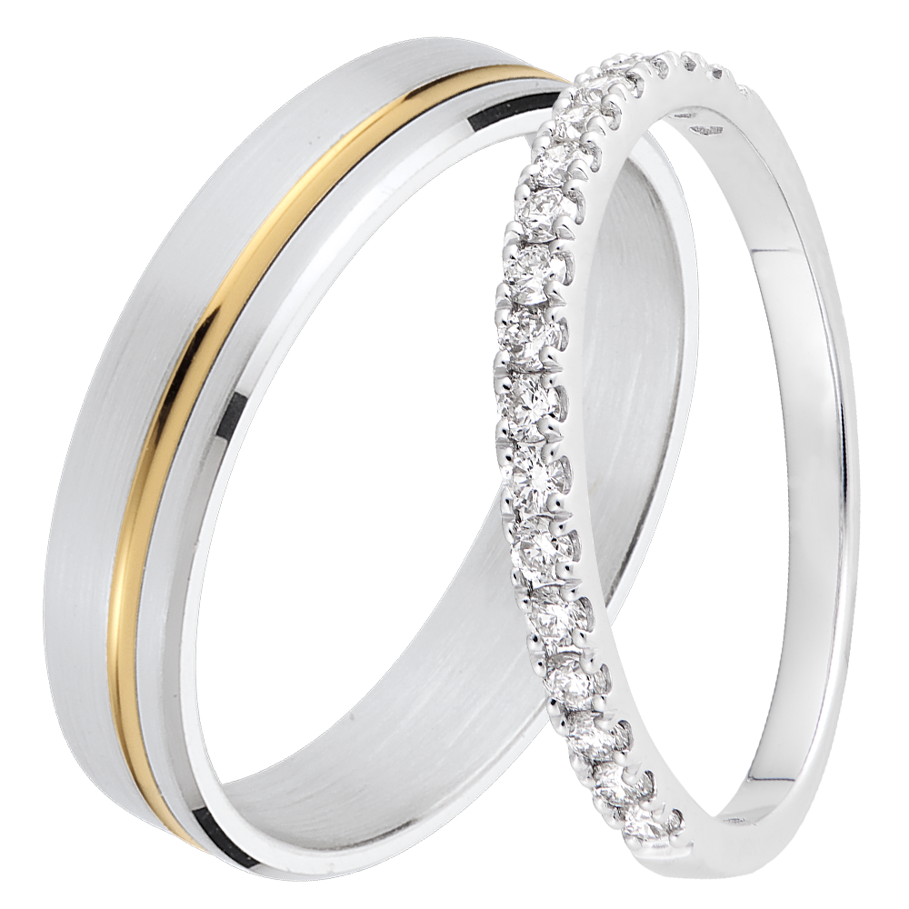 Duo de verighete Pure & Bettina – aur alb și galben & aur alb cu diamante – 18 carate