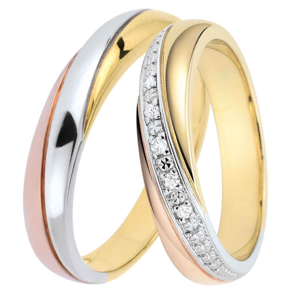 Duo verighete Saturne – trei culori de aur & diamante – Aur 9K