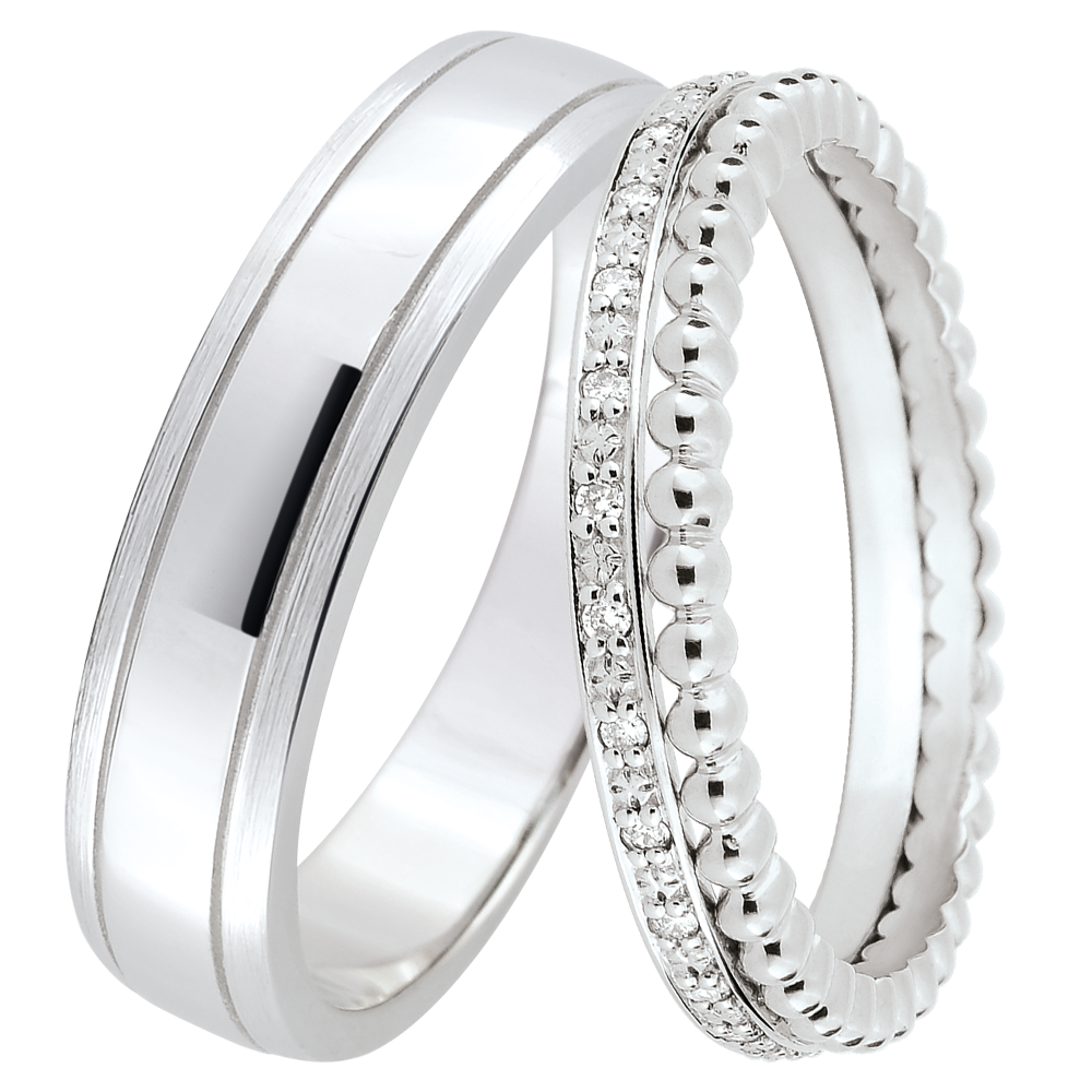 Horizon & Double rang Wedding Ring Duo – White Gold & Diamonds – 9 Carat