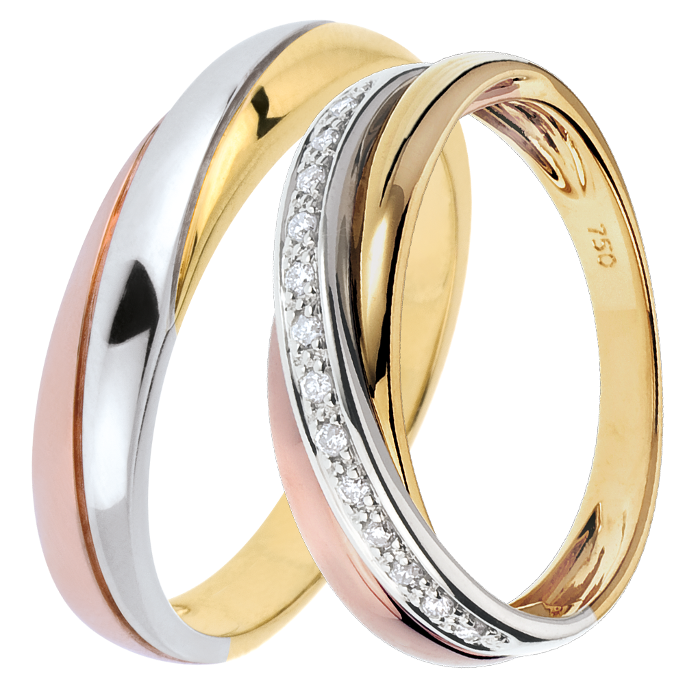 Saturne Duo Wedding Rings – Three Golds & Diamonds – 18 Carat