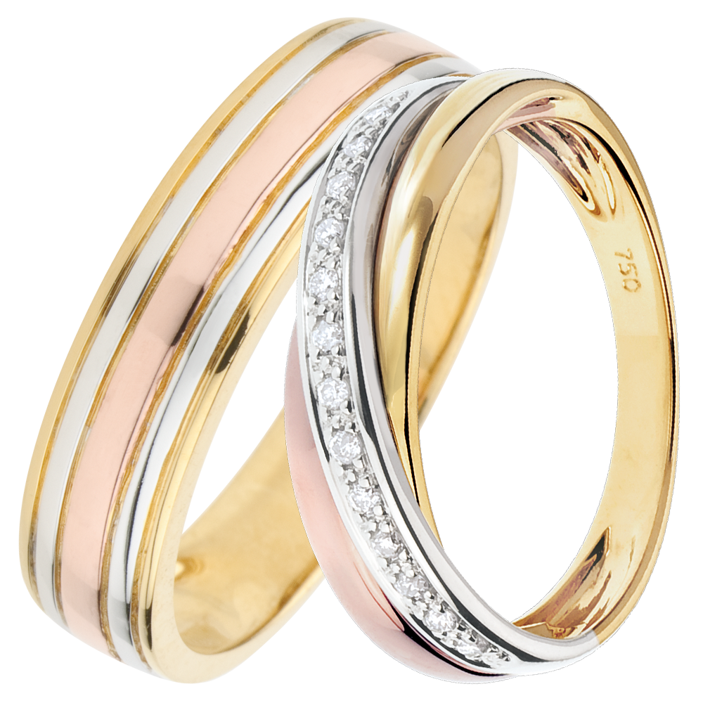 Ulysse & Saturne Trouwring Duo – Drie goudsoorten & diamanten – 18 karaat