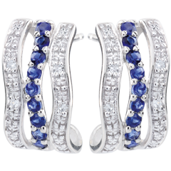 Orecchini a cerchio - Onda - Oro bianco - 9 carati - 8 Diamanti - 18 Zaffiri - 0.27 carati