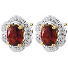 Boucles d'oreilles Marguerite Lilly - Grenat - or blanc et or jaune 9 carats
