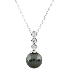 Collier Trilogie sur Perle - 3 diamants - or blanc 9 carats