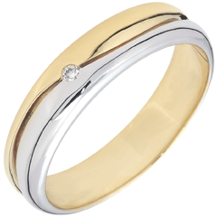 Anillo Amor - Alianza hombre de oro blanco y oro amarillo 18 quilates - diamante 0.022 quilates