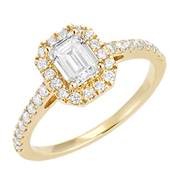 « L'Atelier » Nº170101 - Ring Geelgoud 18 karaat - Diamant Rechthoekig 0.5 Karaat - Halo Diamant - Setting Diamant