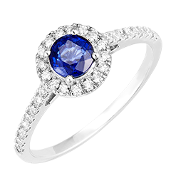 « L'Atelier » Nº170583 - Bague Or blanc 18 carats - Saphir bleu Rond 0.5 carat - Halo Diamant - Sertissage Diamant