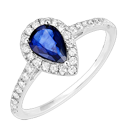 « L'Atelier » Nº170776 - Bague Or blanc 9 carats - Saphir bleu Poire 0.5 carat - Halo Diamant - Sertissage Diamant