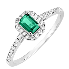 « L'Atelier » Nº170967 - Bague Or blanc 18 carats - Émeraude Rectangle 0.5 carat - Halo Diamant - Sertissage Diamant