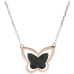Collier Balade Imaginaire - Papillon Lunaire - or blanc et or rose 9 carats et diamants noirs