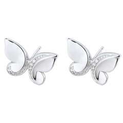 Boucles d'oreilles Balade Imaginaire - puces Papillon Cascade - or blanc 9 carats et diamants