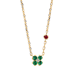 Chanceuse Ketting – 9 karaat geelgoud met synthetische robijn, smaragden en diamant