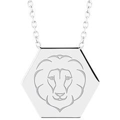 Collier médaille hexagonale gravée - Lion - or blanc 9 carats - Collection Zodiac Yours - Edenly Yours