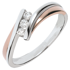 Inel de logodnă Cuib Preţios - Trilogie diamant - 3 diamante - aur alb şi aur roz de 18K