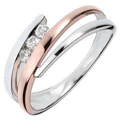 Inel de logodnă Cuib Preţios - Trilogie de diamante - 3 diamante - aur alb şi aur roz de 18K