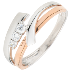 Inel de logodnă Cuib Preţios - Trilogie variantă - 3 diamante - aur alb şi aur roz de 18K