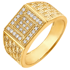 Ring Dämmerschein - Siegelring mit Gewebeoptik - 9 Karat Gelbgold und Diamanten
