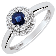 Bague de Fiançailles Destinée - Double halo - saphir 0.3 carat et diamants - or blanc 18 carats