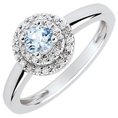 Bague de Fiançailles Destinée - Double halo - aigue-marine 0.23 carat et diamants - or blanc 18 carats