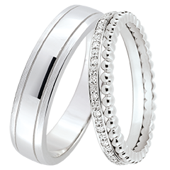 Duo di fedi Horizon & Double rang – Oro bianco e diamanti – 9 carati