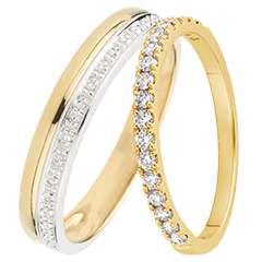 Duo obrączek Elegance & Bettina – Złoto białe i żółte & żółte złoto z diamentami – 18 karatów