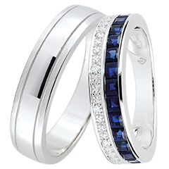 Horizon & Zodiaque Couple Wedding Bands Duo – White Gold, Sapphires and Diamonds – 18 Carat