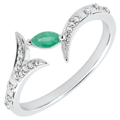 Ring Mysterious Wood - small model - white gold and marquise emerald - 9 carats