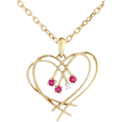 Hanger Vonkend Hart - 4 Diamanten en robijn - 9 karaat geelgoud